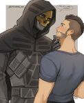 2boys bara beard black_hair blue_eyes blush call_of_duty:_modern_warfare_2 closed_mouth couple dreaming_oor english_text eye_contact facial_hair from_side ghost_(modern_warfare_2) gloves hand_on_another&#039;s_chin highres hood hood_up looking_at_another male_focus mature_male multiple_boys shirt soap_(modern_warfare_2) upper_body yaoi 