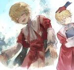  2boys aged_down blonde_hair blue_sky blush book brothers clive_rosfield closed_eyes closed_mouth commentary_request day falling_petals final_fantasy final_fantasy_xvi gloves hand_on_another&#039;s_head hani_(udauda) headpat high_collar holding holding_book joshua_rosfield lifting_person long_sleeves male_child male_focus multiple_boys multiple_views open_mouth out_of_frame outdoors petals red_gloves red_robe robe short_hair siblings sky smile 