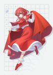  1girl cape character_name collared_shirt copyright_name guumin highres long_sleeves okazaki_yumemi open_mouth phantasmagoria_of_dim.dream red_cape red_eyes red_footwear red_hair red_skirt red_vest shirt shoes short_hair skirt socks solo touhou touhou_(pc-98) vest white_shirt white_socks 