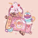  +_+ :d alcremie alcremie_(strawberry_sweet) artist_name blush_stickers closed_mouth commentary cup happy holding holding_spoon leaphere looking_up nintendo_switch open_mouth pokemon polteageist saucer sinistea smile sparkle spoon star_(symbol) teacup 