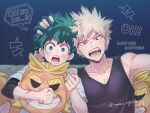  2boys all_might bakugou_katsuki black_tank_top blonde_hair boku_no_hero_academia character_doll green_eyes green_hair male_focus midoriya_izuku multiple_boys nightcat open_mouth red_eyes shirt short_hair spiked_hair tank_top teeth white_shirt 