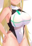  1girl :o absurdres bare_arms black_one-piece_swimsuit blonde_hair blush breasts cameltoe commentary_request competition_swimsuit covered_navel covered_nipples diamond_earrings earrings hand_on_own_hip head_out_of_frame highres jewelry large_breasts long_hair mythra_(xenoblade) one-piece_swimsuit open_mouth shiratamaaji sidelocks simple_background standing sweat swimsuit taut_clothes taut_swimsuit thick_thighs thighs very_long_hair white_one-piece_swimsuit xenoblade_chronicles_(series) xenoblade_chronicles_2 