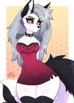  anthro biped blush canid canid_demon clothed clothing demon dress female frown fur grey_body grey_fur grey_hair hair hellhound helluva_boss hi_res honeycomb_background legwear looking_at_viewer loona_(helluva_boss) mammal red_sclera simple_background solo stockings toxicmilkyx white_body white_eyes white_fur 