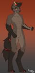  2023 abs absurd_res anthro arm_tuft brown_body brown_fur brown_hair canid canid_demon canine canis claws demon digitigrade fur hair hellhound hi_res horn kaiju_rat leg_tuft male mammal muscular muscular_anthro muscular_male nude pupils red_eyes simple_background slit_pupils solo tail takal toe_claws tuft yellow_sclera 