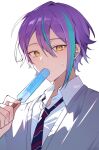  1boy aqua_hair artist_name azit_(down) blue_necktie food grey_vest hair_between_eyes kamishiro_rui male_focus multicolored_hair necktie popsicle project_sekai purple_hair shirt short_hair solo striped_necktie uniform vest white_background white_shirt yellow_eyes 