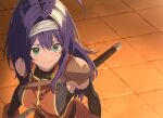  1girl ahoge ahonoko closed_mouth detached_sleeves dress fire_emblem fire_emblem:_path_of_radiance fire_emblem:_radiant_dawn gloves green_eyes hair_between_eyes hairband long_hair looking_at_viewer mia_(fire_emblem) orange_dress orange_gloves purple_hair single_bare_shoulder single_shoulder_pad smile upper_body white_hairband 