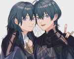  1boy 1girl 4ki_ori9 ahoge armor black_armor blue_hair byleth_(female)_(fire_emblem) byleth_(fire_emblem) byleth_(male)_(fire_emblem) closed_mouth commentary_request fire_emblem fire_emblem:_three_houses hair_between_eyes hand_on_another&#039;s_shoulder highres lips long_hair looking_at_viewer open_mouth pink_lips purple_eyes short_hair simple_background smile twitter_username white_background 