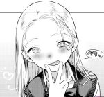  1girl blush cardigan_vest close-up collared_shirt greyscale haguhagu_(rinjuu_circus) heart highres long_hair looking_at_viewer monochrome naughty_face original sasha_(haguhagu) school_uniform shirt smile solo tongue tongue_out v v_over_mouth 