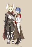  2boys animal_ears armor armored_boots assassin_cross_(ragnarok_online) black_cape black_footwear black_pants black_shirt blonde_hair blue_eyes blue_hair boots brown_background brown_coat brown_pants cape cat_ears closed_mouth coat commentary_request full_body gold_trim hair_between_eyes high_priest_(ragnarok_online) holding holding_staff kusabi_(aighe) layered_clothes long_bangs long_sleeves looking_at_viewer male_focus multiple_boys open_clothes open_shirt pants pauldrons rabbit_ears ragnarok_online red_coat red_scarf scarf shirt shoes short_hair shoulder_armor simple_background skull smile staff standing torn_cape torn_clothes torn_scarf vambraces waist_cape white_coat 