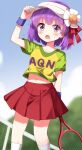  1girl alternate_costume arm_up commentary_request flower hair_flower hair_ornament hieda_no_akyuu highres midriff open_mouth purple_eyes purple_hair racket ruu_(tksymkw) short_hair solo tennis_racket touhou 