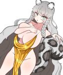  1girl alternate_costume animal_ear_fluff animal_ears aqua_eyes arknights bare_shoulders blush braid breasts bright_pupils cleavage collarbone covering covering_one_breast dress grey_hair groin hand_on_own_chest highres large_breasts leopard_ears leopard_girl leopard_tail long_hair looking_at_viewer one_breast_out open_mouth plunging_neckline pramanix_(arknights) solo tail twin_braids very_long_hair wwo2002 yellow_dress 