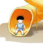  1boy aged_down black_hair blue_shirt blue_shorts confused dot_mouth dubu_mp100 kageyama_shigeo mob_psycho_100 shirt short_hair shorts sitting slide static_electricity 