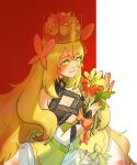  1girl artist_name blonde_hair blood blood_on_clothes blood_on_flower blood_on_hands breasts butterfly_hair_ornament celine_(fire_emblem) cleavage crown detached_sleeves dress eili_enie fire_emblem fire_emblem_engage flower green_eyes hair_flower hair_ornament highres holding holding_flower long_hair red_background small_breasts smile solo two-tone_background upper_body very_long_hair white_background 