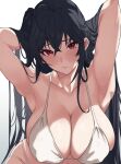  1girl absurdres adjusting_hair alternate_breast_size armpits azur_lane bare_arms bare_shoulders bikini black_hair breasts commentary covered_nipples crossed_bangs dot_nose grey_background hair_between_eyes highres huge_breasts looking_at_viewer neinlol official_alternate_costume red_eyes sagging_breasts shadow simple_background solo string_bikini swimsuit symbol-only_commentary taihou_(azur_lane) taihou_(seaside_daydreams)_(azur_lane) wavy_mouth white_bikini 