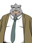  2023 anthro bear belly big_belly bullbluedog clothing facial_hair grey_body hi_res kemono male mammal mustache necktie overweight overweight_male shirt simple_background solo topwear white_background 