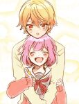  1boy 1girl :o badge blonde_hair blush bob_cut button_badge cardigan couple dot_nose double-parted_bangs facing_viewer gradient_background gradient_hair grey_serafuku hair_between_eyes hands_on_another&#039;s_arms happy height_difference hug hug_from_behind kamiyama_high_school_uniform_(project_sekai) long_bangs long_sleeves miyamasuzaka_girls&#039;_academy_school_uniform multicolored_hair neckerchief on_head ootori_emu open_cardigan open_clothes open_mouth orange_eyes orange_hair pink_background pink_cardigan project_sekai protected_link red_neckerchief sailor_collar school_uniform serafuku short_hair single_stripe sleeves_past_wrists smile source_request striped teeth tenma_tsukasa third-party_source umino_kmsn upper_body upper_teeth_only white_background white_sailor_collar white_stripes yellow_cardigan 