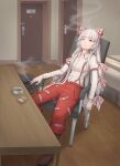  1girl absurdres backpack bag bed boots bow breasts brown_footwear cigarette door fujiwara_no_mokou hair_bow highres looking_up medium_breasts overalls pants parted_lips red_eyes red_overalls red_pants sitting smoke smoking solo table talisman touhou white_hair yoojilao 
