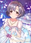  1girl 2022 black_hair blue_dress blush bow breasts brown_eyes cleavage closed_mouth collarbone detached_sleeves dot_nose dress dress_bow earrings elbow_gloves falling_petals flower flower_earrings frilled_dress frills gloves hair_ribbon hand_on_own_chest hands_up happy_birthday highres idolmaster idolmaster_cinderella_girls idolmaster_cinderella_girls_starlight_stage jewelry looking_at_viewer mariabowl medium_breasts petals purple_flower purple_ribbon ribbon see-through see-through_sleeves shiragiku_hotaru short_hair short_sleeves sleeveless sleeveless_dress smile solo sparkle stairs tiara white_bow white_gloves 