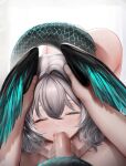  1boy 1girl arknights ass censored closed_eyes completely_nude fellatio grey_hair head_wings hetero highres ho&#039;olheyak_(arknights) mosaic_censoring nopetroto nude oral penis short_hair simple_background snake_tail solo_focus tail tears white_background wings 