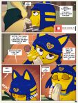  animal_crossing ankha_(animal_crossing) anthro blue_hair canid canine canis clothed clothing clothing_lift comic dialogue domestic_cat domestic_dog duo felid feline felis fellatio female genitals gynomorph hair hi_res ike_marshall intersex isabelle_(animal_crossing) mammal nintendo oral oral_penetration penetration penile penis sex speech_bubble sucking_penis yellow_body 