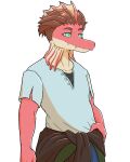  alpha_channel anthro cavemanon clothed clothing damien_(iwhtg) dilophosaurid dilophosaurus dinosaur frill_(anatomy) green_eyes hair i_wani_hug_that_gator long_snout male multicolored_body red_body reptile scalie sharp_teeth simple_background snout solo teeth theropod transparent_background two_tone_body 