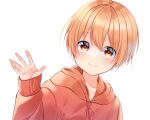  1boy blonde_hair closed_mouth hair_between_eyes hand_up honey_82n hood hoodie long_sleeves male_focus orange_eyes orange_hoodie original short_hair smile solo white_background 