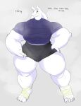  2020 absurd_res anthro black_bottomwear black_clothing black_shorts blush bodily_fluids boss_monster bottomwear bovid breasts caprine clothing dialogue english_text female freebird11 hand_on_leg hand_on_thigh hi_res horn mammal muscular muscular_female purple_clothing purple_shirt purple_topwear shirt shorts simple_background smile solo standing sweat sweatdrop text topwear toriel undertale undertale_(series) white_body 