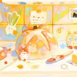  artist_name bird bracelet bread butter butter_knife candy clock duck duckling english_text flower food fruit gummy_(happyyu) highres jewelry kitchen mandarin_orange math multicolored_background no_humans original picture_(object) radish raspberry spoon sticker 