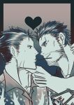  2boys bara beard_stubble couple dagon_(housamo) food from_side hand_on_another&#039;s_chin jestar_(mokurou8810) male_focus mature_male multiple_boys mustache_stubble muted_color pocky pocky_kiss profile protagonist_3_(housamo) short_hair sideburns sideburns_stubble smirk sweatdrop thick_eyebrows tokyo_afterschool_summoners tsurime yaoi 