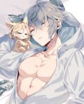  2boys abs alhaitham_(genshin_impact) animal_hood azuma_(azuma10270724) blonde_hair cat_hood chibi closed_eyes genshin_impact hair_between_eyes hood hood_up hoodie kaveh_(genshin_impact) long_sleeves male_focus multiple_boys muscular muscular_male open_clothes open_shirt sleeping white_hoodie yellow_hood 