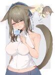 1girl animal_ears anoyo_(anoyode0) blue_flower blue_rose blush breasts brown_hair cat_ears cat_tail facial_mark final_fantasy final_fantasy_xiv flower grey_eyes halterneck highres large_breasts long_hair miqo&#039;te rose sideboob solo tail whisker_markings 