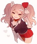  1girl ameko53133 black_bra black_shirt blush bow bra collarbone cosplay cropped_legs danganronpa:_trigger_happy_havoc danganronpa_(series) enoshima_junko enoshima_junko_(cosplay) freckles grey_necktie grin hair_bow hair_ornament ikusaba_mukuro miniskirt nail_polish necktie pleated_skirt rabbit_hair_ornament red_bow red_nails red_skirt shirt simple_background skirt smile solo teeth twintails underwear v_over_eye white_background white_bow 