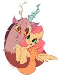  2023 5_fingers antlers brown_body brown_fur chest_tuft chimera digital_media_(artwork) discord_(mlp) draconequus duo equid equine eyebrows feathered_wings feathers female feral fingers fluttershy_(mlp) friendship_is_magic fur green_eyes grey_body grey_fur hasbro hi_res hooves horn male mammal multicolored_body multicolored_fur my_little_pony pegasus red_eyes seagirl simple_background smile thick_eyebrows tuft white_background wings yellow_body yellow_feathers yellow_fur yellow_sclera 