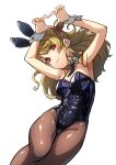  1girl :3 animal_ears armpits arms_up asahi_nina bare_arms black_leotard black_necktie blonde_hair breasts brown_pantyhose cleavage closed_mouth collar curly_hair detached_collar feet_out_of_frame from_above hair_bun hair_ornament hair_spread_out head_tilt heart heart_hands highres indie_virtual_youtuber legs_together leotard long_hair looking_at_viewer lying medium_breasts necktie orange_eyes osanadaisuke pantyhose playboy_bunny rabbit_ears short_necktie simple_background smile solo swept_bangs virtual_youtuber white_background white_collar white_wrist_cuffs 