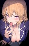  1girl black_background blonde_hair blush breasts cleavage collarbone from_above haoni highres large_breasts long_hair long_sleeves looking_at_viewer looking_up nakiri_erina open_mouth oral_invitation purple_eyes saliva shirt shokugeki_no_souma simple_background solo thighhighs tongue tongue_out white_shirt 