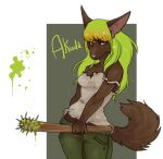  2011 5_fingers anthro baseball_bat bat_(object) biped breasts brown_body brown_fur canid canine clothed clothing digital_media_(artwork) fingers fur green_hair hair humanoid_hands kaitycuddle mammal portrait simple_background solo standing text three-quarter_portrait 