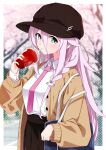  1girl alternate_costume bag blue_eyes braid breasts cevio cherry_blossoms cowboy_shot cup drinking_straw drinking_straw_in_mouth hat high-waist_skirt highres holding holding_cup ia_(vocaloid) long_hair long_sleeves medium_breasts mikami_jun_(haaryan) necktie pink_hair pink_necktie pleated_skirt school_bag school_uniform single_braid skirt solo tree voiceroid 