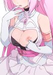  1girl angel_white belt dress elbow_gloves gloves hand_to_own_mouth head_out_of_frame highres long_hair maou-sama_retry! morisobo nipples one_breast_out open_mouth pink_belt pink_hair simple_background solo very_long_hair white_background white_gloves 