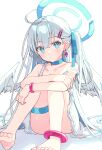  1girl ahoge angel angel_wings bare_arms bare_legs bare_shoulders barefoot blue_choker blue_eyes blue_ribbon blunt_bangs blush camisole check_commentary choker closed_mouth collarbone commentary_request convenient_leg crossed_arms diamond_earrings dot_mouth dot_nose earrings feet_out_of_frame hair_ornament hair_ribbon hairclip halo highres jewelry knees_up long_hair looking_at_viewer off_shoulder original ribbon side_ponytail simple_background sitting sleeveless solo thigh_strap very_long_hair white_background white_camisole white_hair wings wristband zoirun 