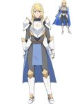  1girl armor blonde_hair blue_cape cape closed_mouth commentary fantasy frown full_body hall_onon knight long_bangs long_hair looking_at_viewer original purple_eyes reference_sheet saria_(hall_onon) shoulder_armor standing swept_bangs white_background 