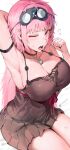  1girl absurdres arm_up armpits black_nightgown blush breasts cleavage closed_mouth collarbone frown highres hololive hololive_english long_hair messy_hair mori_calliope mori_calliope_(6th_costume) nightgown odyssey_21 one_eye_closed pink_eyes pink_hair red_eyes red_ribbon ribbon simple_background solo stretching virtual_youtuber waking_up white_background 