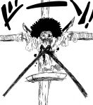  1boy afro blood blood_on_face closed_eyes crucifixion death facial_hair full_body graphite_(medium) highres monochrome mustache natalardo one_piece shimotsuki_yasuie sketch solo spoilers traditional_media 