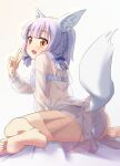  1girl absurdres animal_ear_fluff animal_ears arm_support ass back barefoot blue_bow blue_bra blue_hair blue_panties blunt_bangs blush bow bra brown_eyes brown_skirt casual commentary feet feet_out_of_frame foreshortening fox_ears fox_girl fox_tail from_behind hair_bow hand_up highres hood hood_down hoodie leaning_forward long_sleeves looking_at_viewer looking_back machikado_mazoku oekakiism open_mouth panties plaid plaid_skirt pleated_skirt riko_(machikado_mazoku) see-through see-through_hoodie see-through_skirt short_hair sidelocks simple_background sitting skirt soles solo tail tail_raised toes underwear v wariza white_background white_hoodie white_tail x-ray 