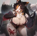  anthro black_hair breasts claws clothed clothing eyes_closed female finger_claws fur hair hi_res mammal pawpads solo utterangle white_body white_fur 