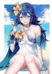  1girl adapted_costume alternate_hairstyle ameno_(a_meno0) bikini blue_eyes blue_hair blush braid breasts crown_braid fingerless_gloves fire_emblem fire_emblem_awakening fire_emblem_heroes gloves long_hair looking_at_viewer lucina_(fire_emblem) navel official_alternate_costume open_mouth see-through small_breasts smile solo swimsuit white_bikini 