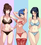  3girls absurdres arms_behind_back black_bra black_hair black_panties blue_bra blue_eyes blue_hair blue_panties bow bow_panties bra breasts brown_eyes brown_hair closed_mouth hair_bun hand_on_own_hip highres kiryuu_mimori large_breasts lingerie long_hair medium_breasts multiple_girls navel open_mouth panties parted_bangs purple_eyes red_panties red_thighhighs scheris_adjani scryed short_hair smile stomach terada_ayase thighhighs tomo0843 underwear underwear_only 