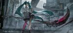  1girl aqua_hair building commission hatsune_miku highres holding holding_skull holding_weapon jacket long_hair long_sleeves looking_at_viewer open_mouth ph. red_eyes shoes single_thighhigh skirt skull solo thighhighs twintails very_long_hair vocaloid weapon 