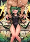  1boy 1girl absurdres anger_vein bald barbell bench_press black_dress black_hole blush breasts clenched_teeth curly_hair dress exercise fair_necessary green_eyes green_hair highres muscular muscular_male one-punch_man saitama_(one-punch_man) short_hair small_breasts sweat tatsumaki teeth weightlifting 