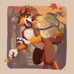  1:1 5_fingers anthro autumn awwchang biped brown_body brown_fur canid canine canis claws collar countershade_face countershade_fur countershade_torso countershading dipstick_tail domestic_dog fingers fur hi_res leaf leash leashed_collar male mammal markings open_mouth open_smile pawpads plant smile solo tail tail_markings tree 