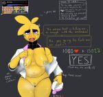  2023 anthro avian beverage bird bodily_fluids bottomless breasts butt chica_(fnaf) chicken clothed clothing coffee dialogue digital_media_(artwork) dress_shirt english_text exposed_breasts female five_nights_at_freddy&#039;s galliform gallus_(genus) genital_fluids genitals heat_(temperature) hi_res humor nightgown nipples part_of_comic phasianid pussy pussy_juice question_mark scottgames shirt solo text topwear zhenai 